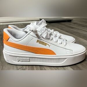 Womens Puma Smash V3 Platform Sneaker, White and Orange